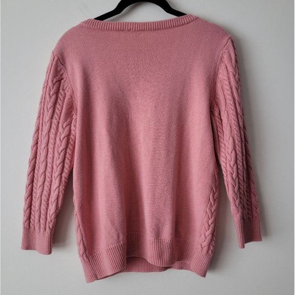 VINTAGE Pink Chunky Cable Knit Scoop Neck Sweater Pullover - Picture 7 of 11